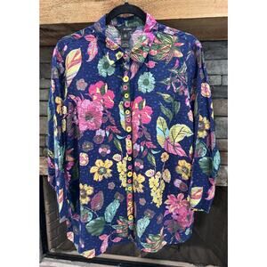 Women’s ALI MILES Blue Floral Button Up Artsy 3/4 Sleeves Shirt Sz L *A8